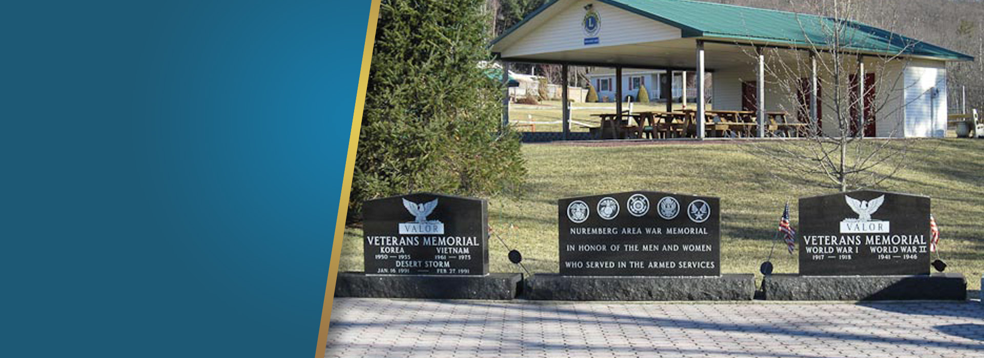 Three veterans memorials in a public park